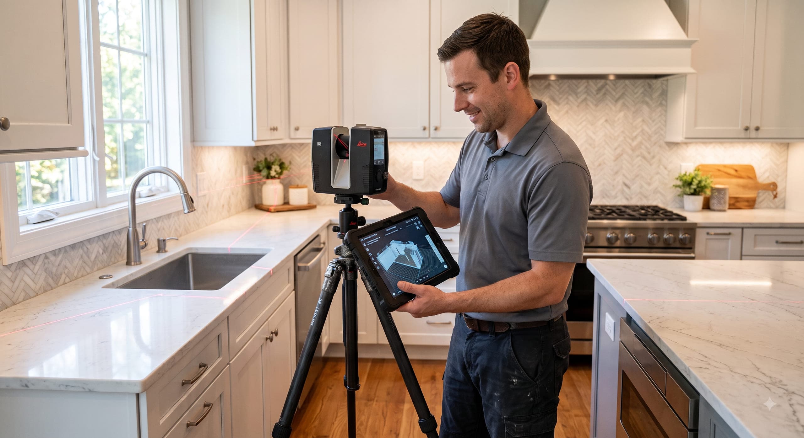 Technician using a 3D laser scanner to template a kitchen for custom stone countertops