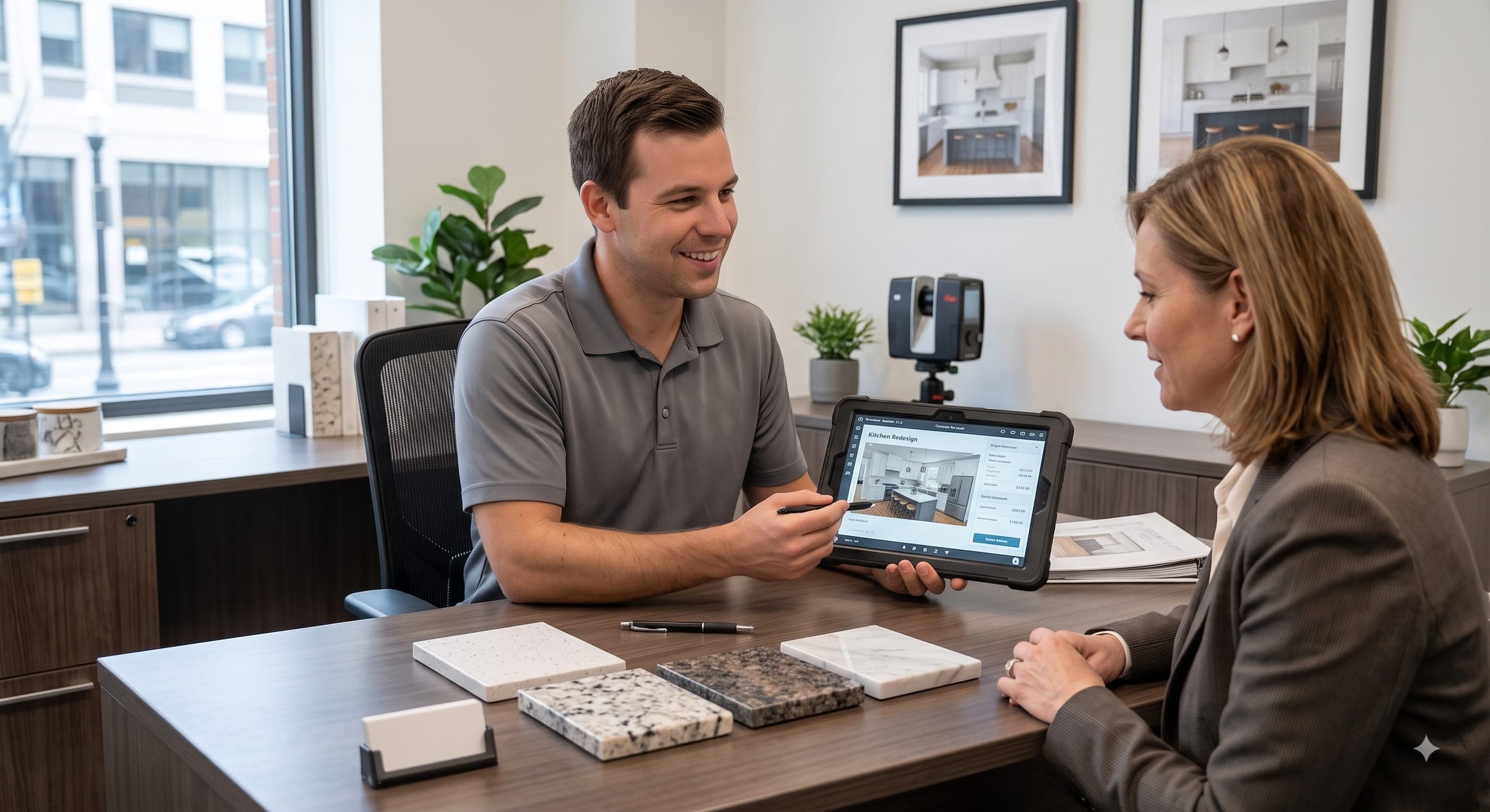 Consultant reviewing a kitchen design and stone samples with a client