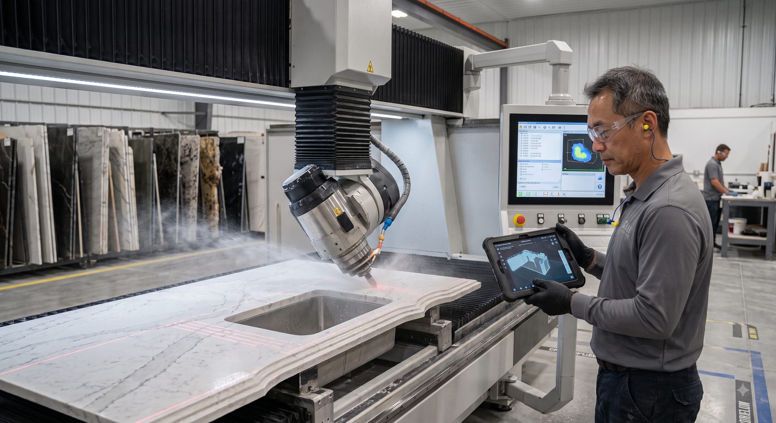 5-axis CNC machine cutting a marble countertop