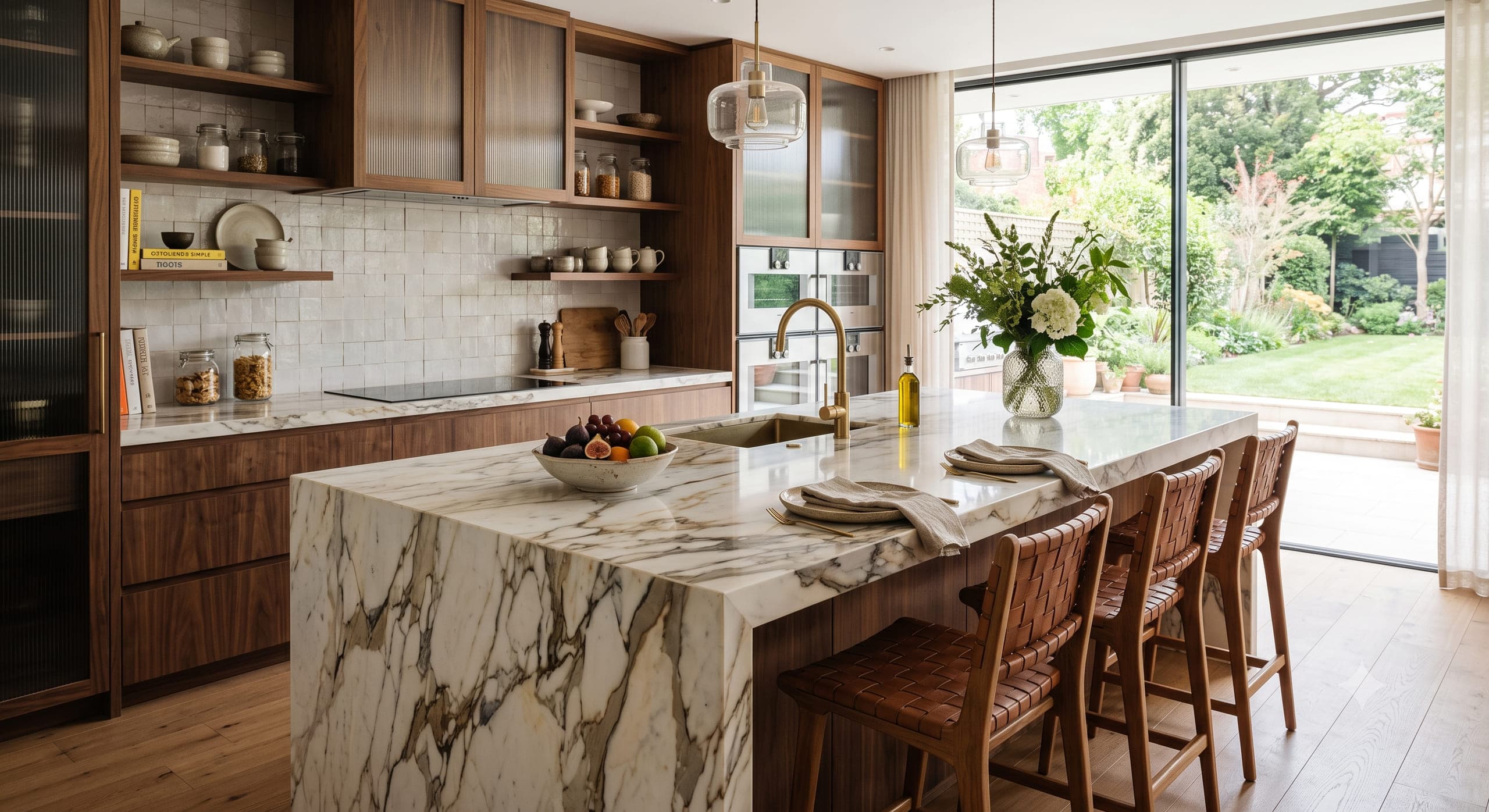 Finished marble-look waterfall kitchen island