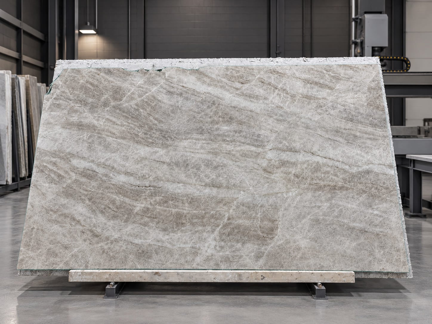 Large pale stone slab with fine natural veining standing in the workshop
