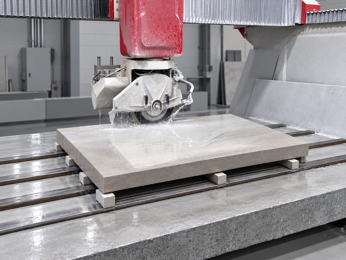 Stone slab being cut on fabrication equipment in the workshop