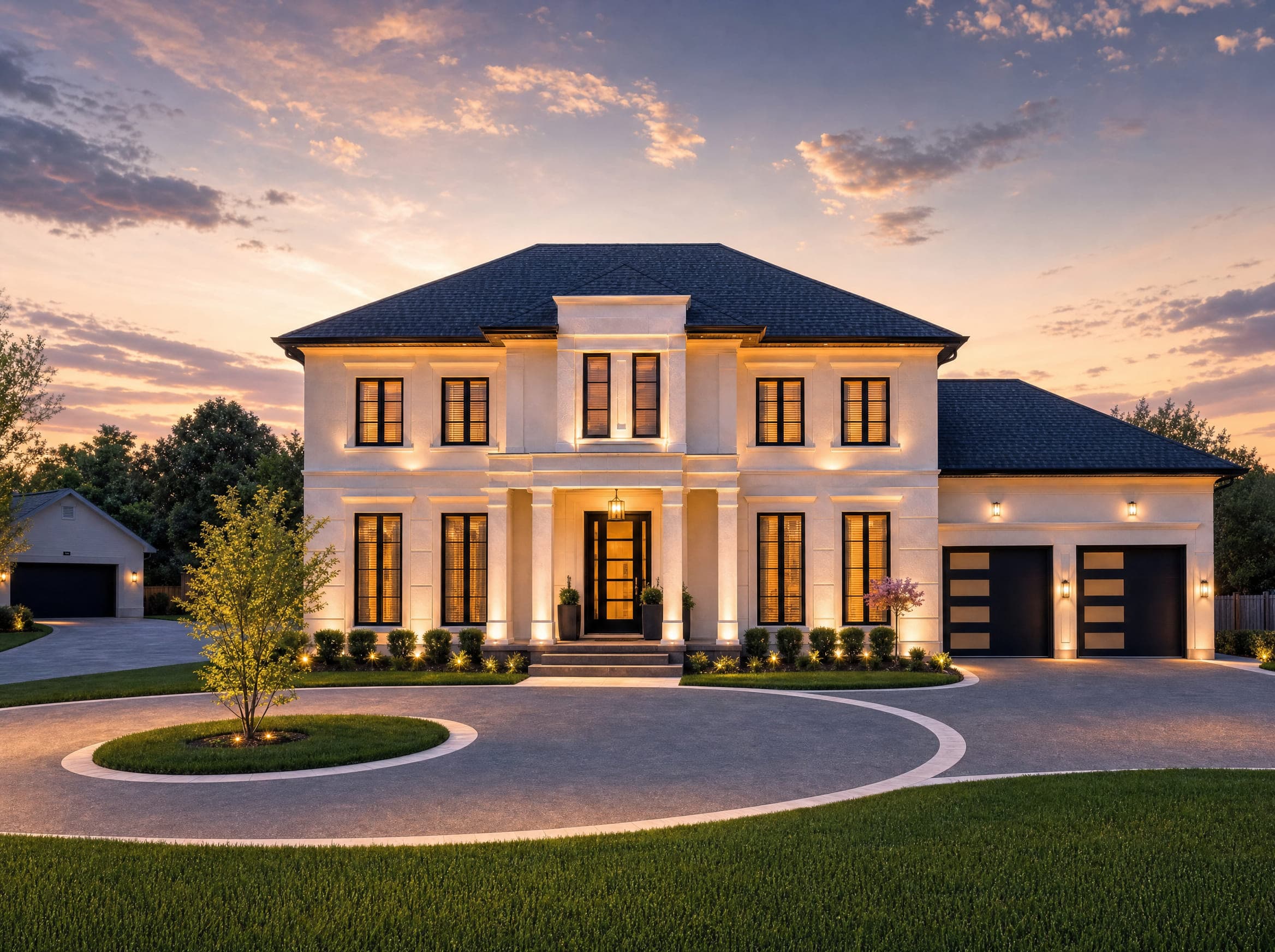 Acasta exterior perspective: a light stone facade with architectural window surrounds at dusk