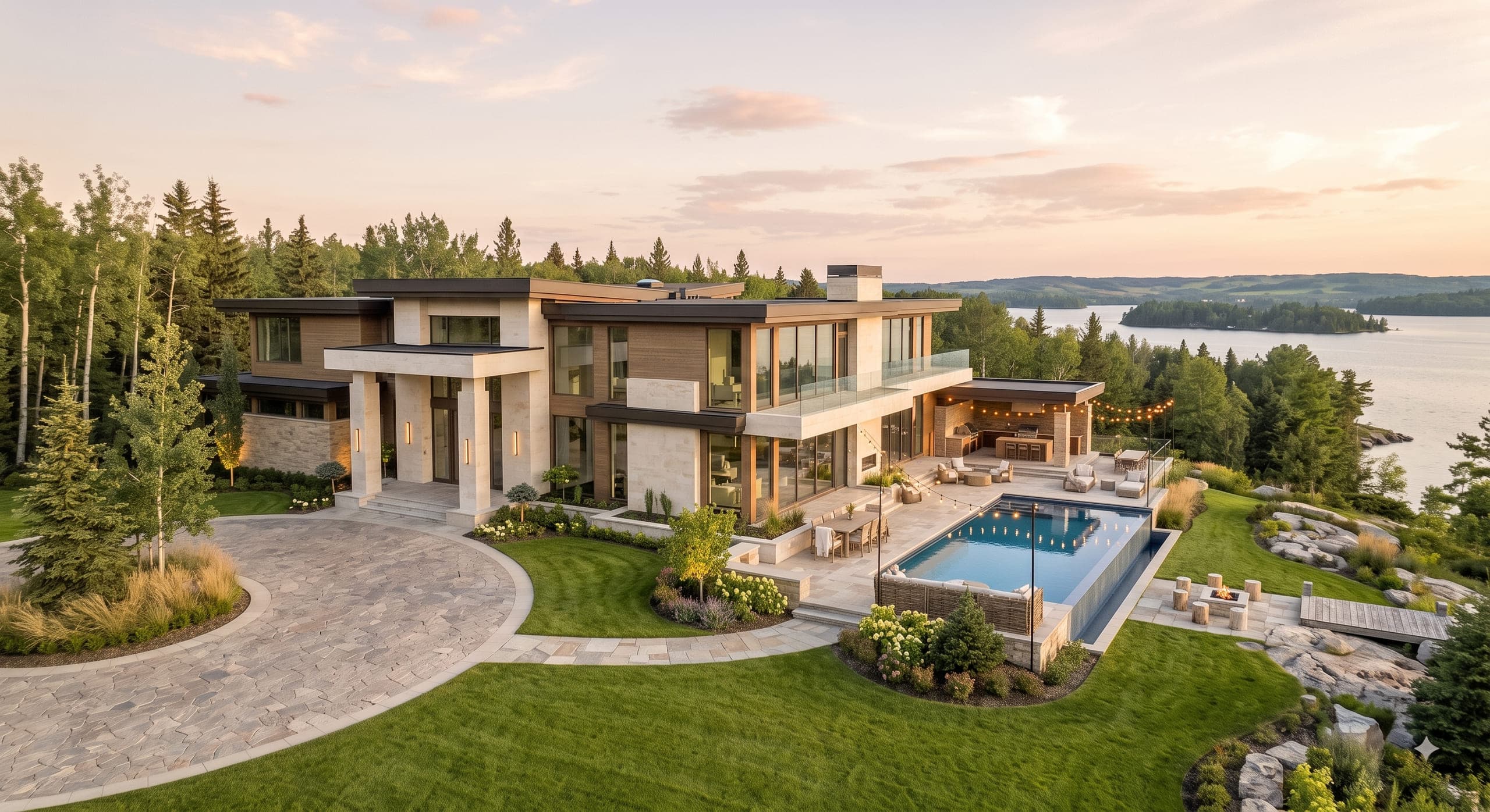 Aerial view of a modern lakefront estate with a pool