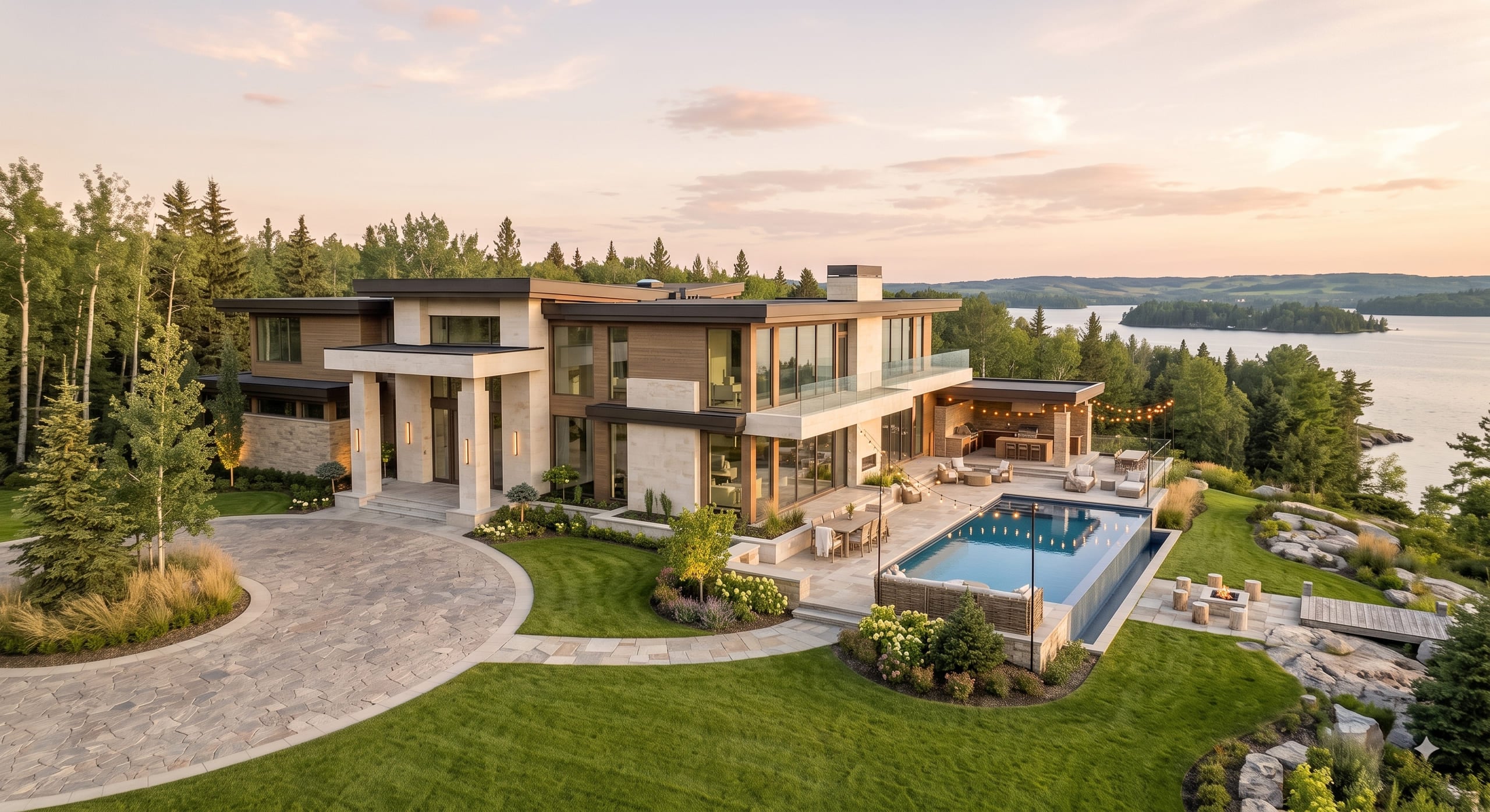 Aerial view of a modern lakefront estate with a pool