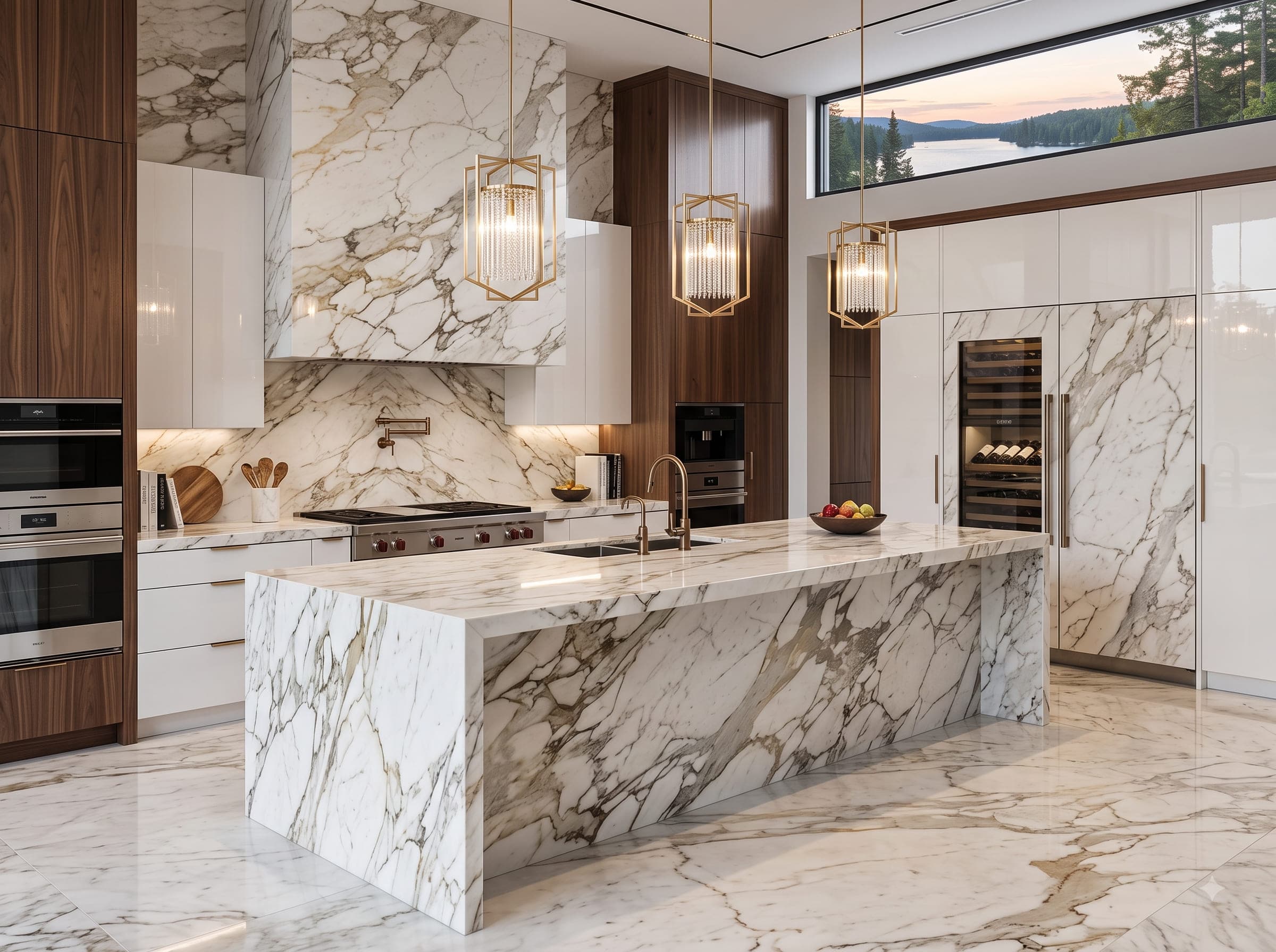 White marble-look waterfall kitchen island with brass pendant lighting