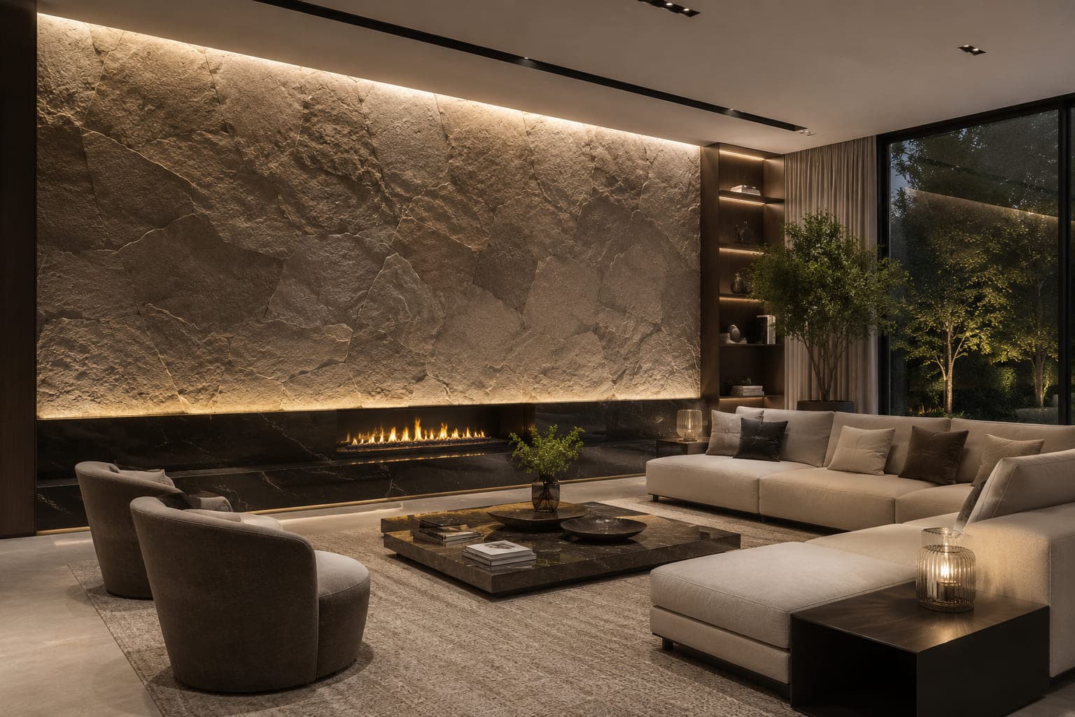 Living room with a book-matched stone fireplace feature wall