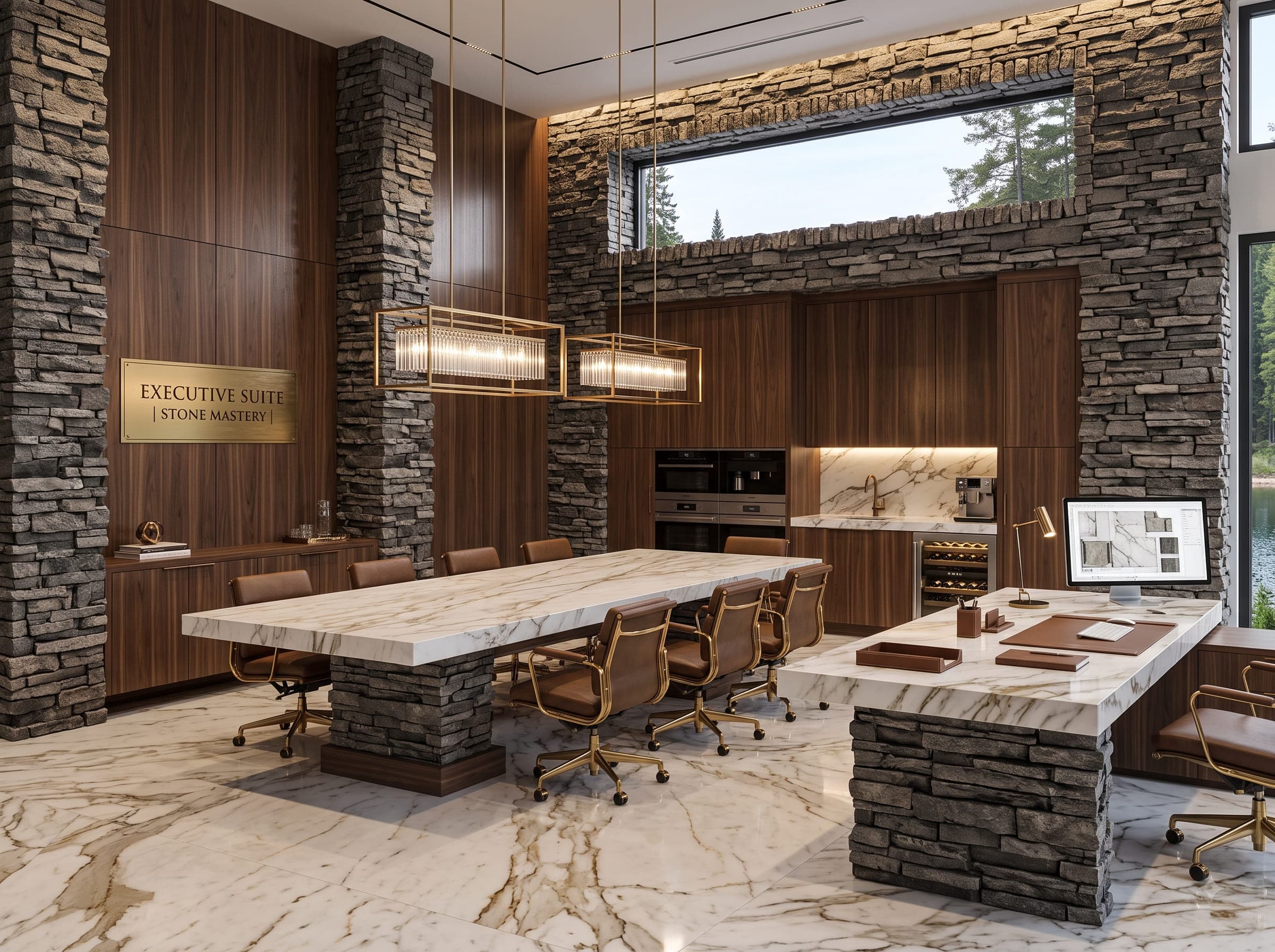 Executive suite dining and office area with a stone slab table and dry-stacked stone wall