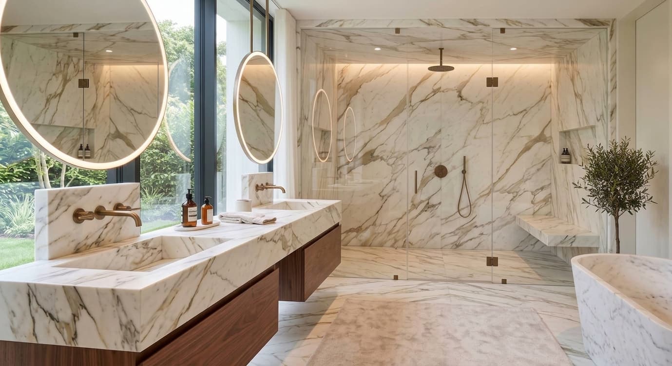 Marble-look bathroom vanity and walk-in shower surround with round mirrors