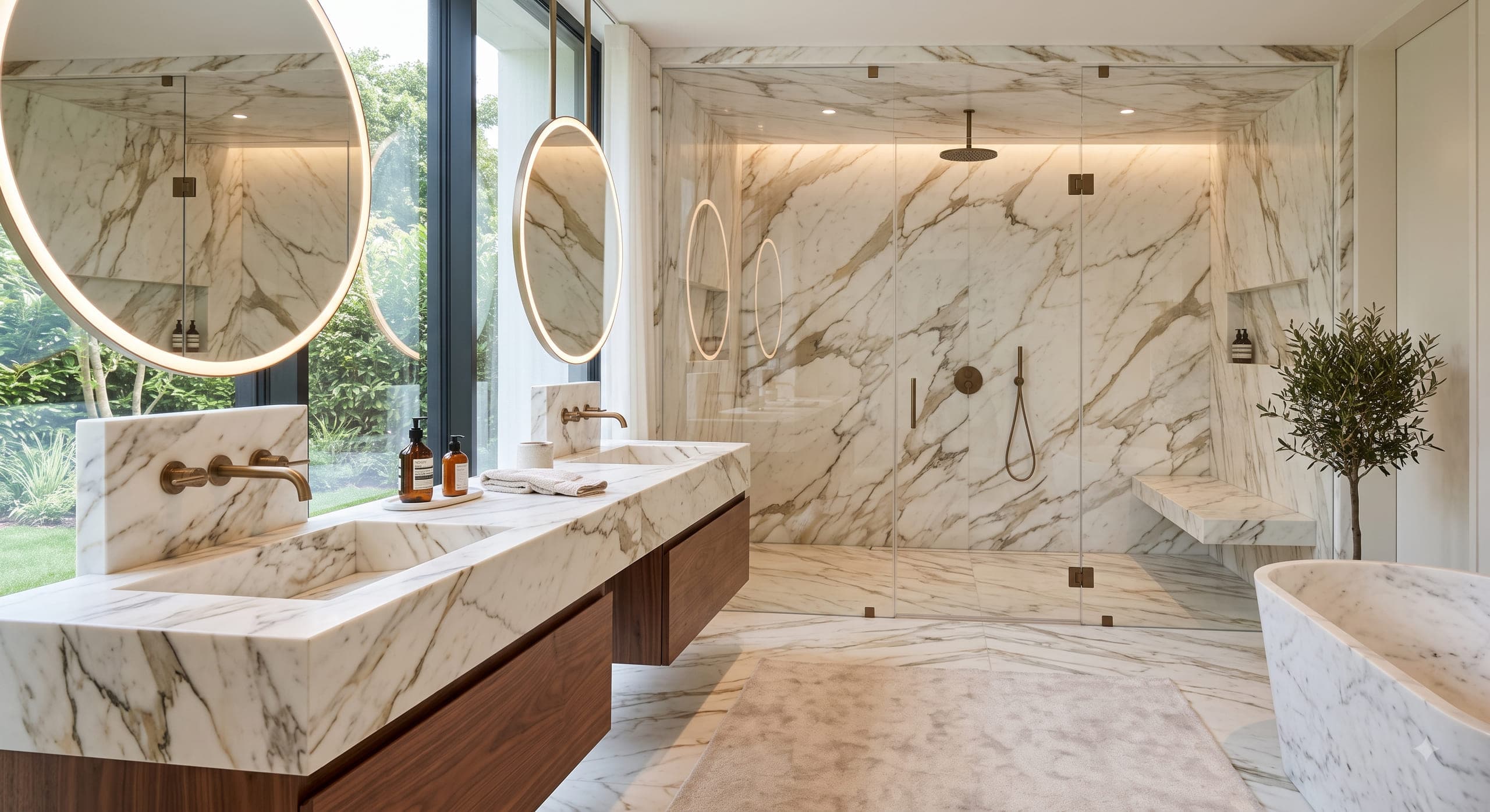 Marble-look bathroom vanity and walk-in shower surround with round mirrors