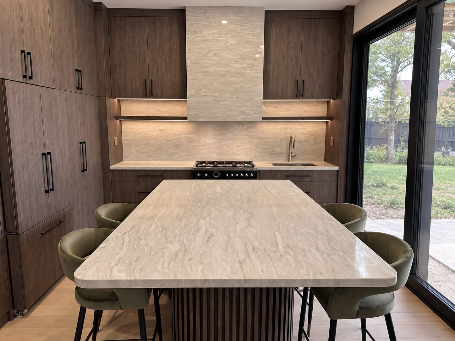 Pale veined stone island and matching backsplash with warm wood kitchen cabinetry