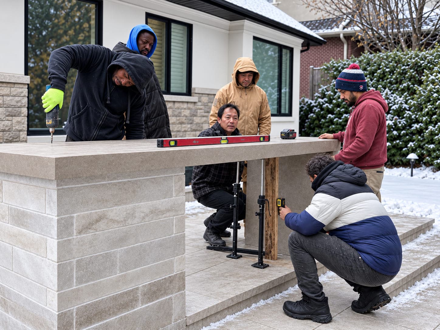 Crew working on stone pieces outside a home during installation