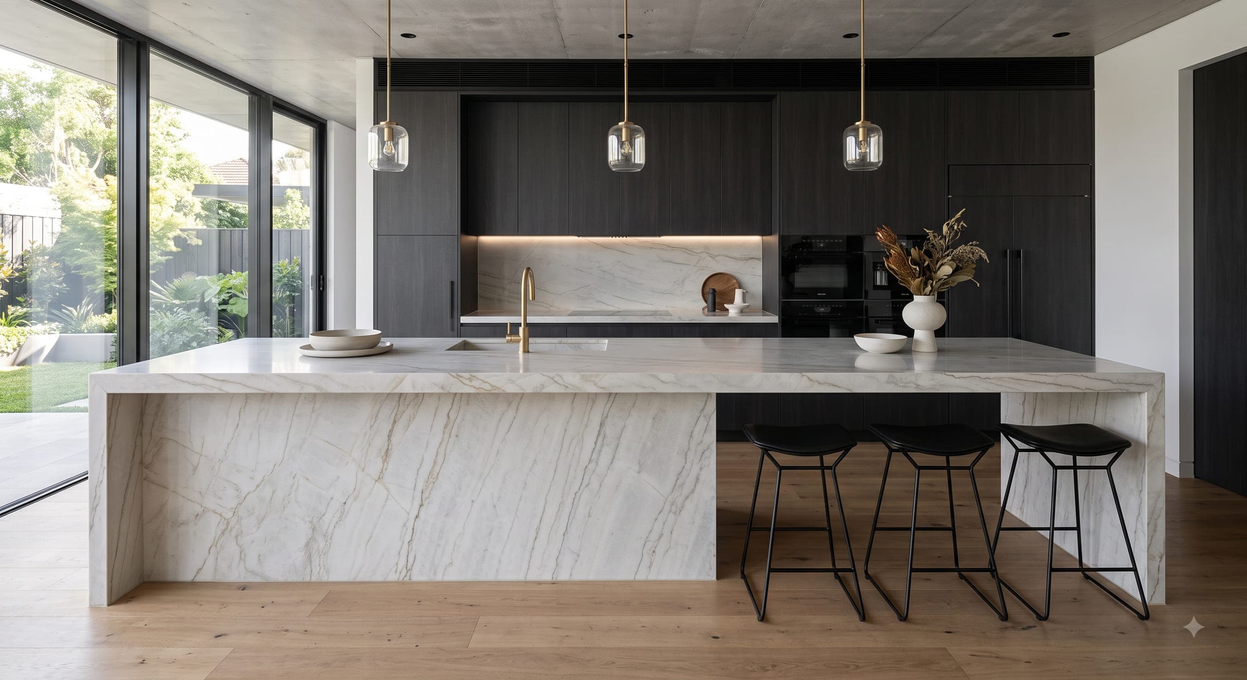 Dark modern kitchen with a waterfall-edge marble island and pendant lighting