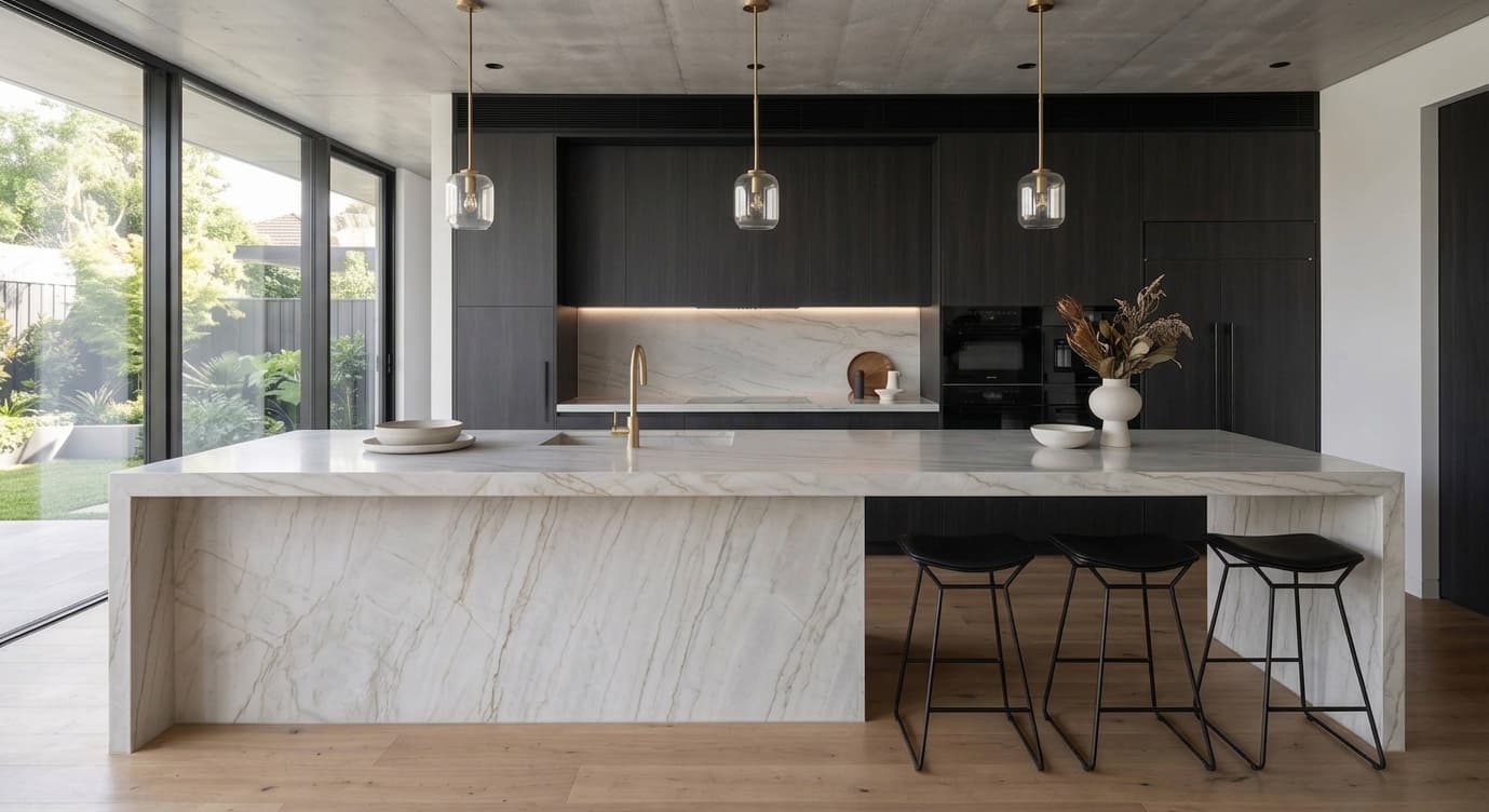 Dark modern kitchen with a waterfall-edge marble-look island and pendant lighting