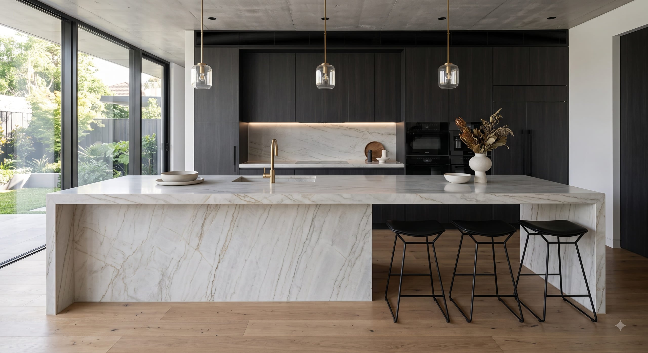 Dark modern kitchen with a waterfall-edge marble-look island and pendant lighting