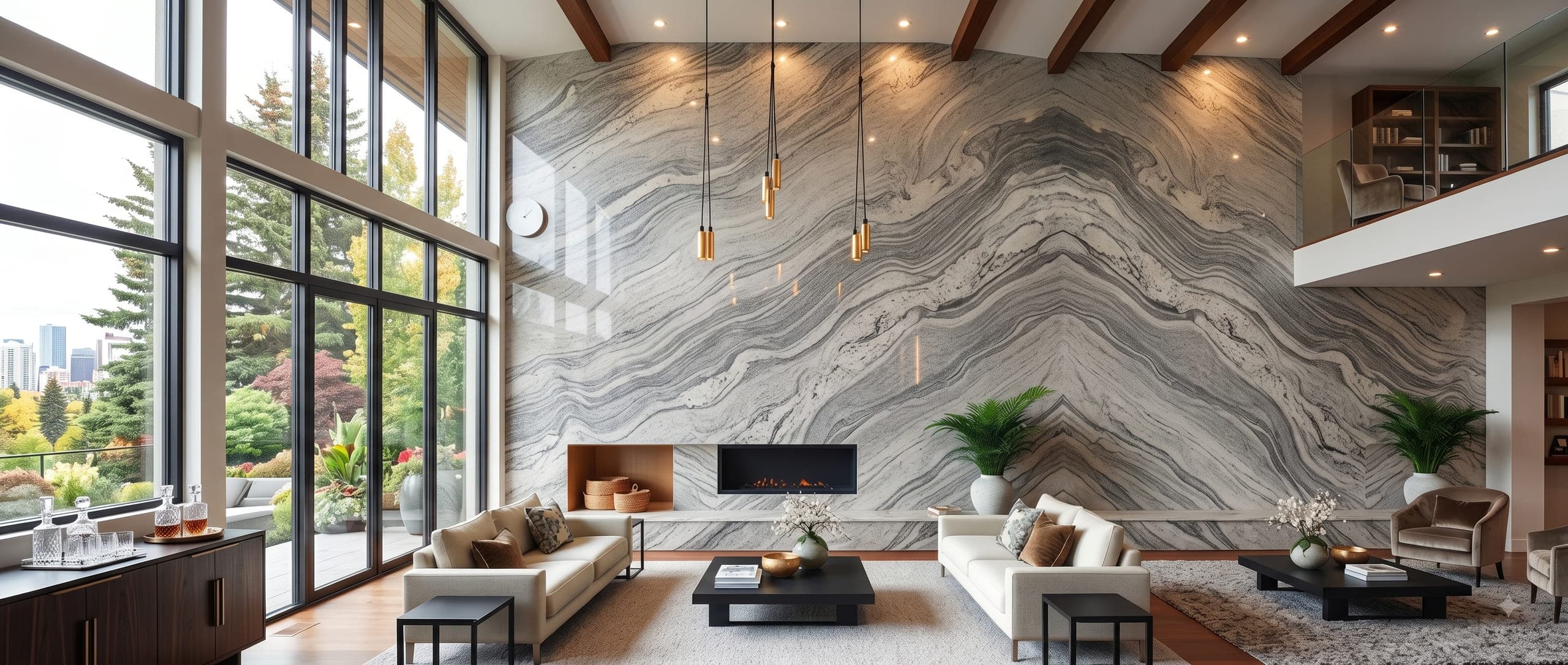 Living room with a full-slab book-matched stone feature wall and fireplace
